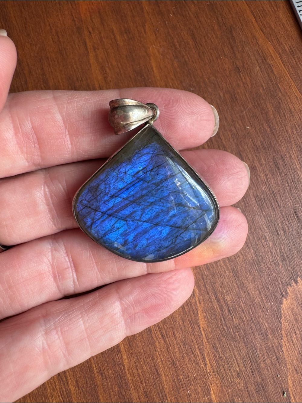 Large Labradorite Blue Flash Statement Pendant Sterling Silver Tone